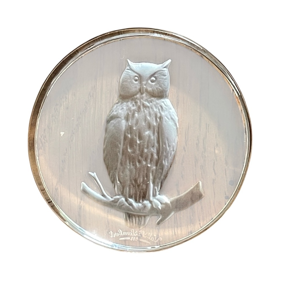 VAL ST LAMBERT Intaglio perched owl glass paperweight BELGIUM crystal artisan